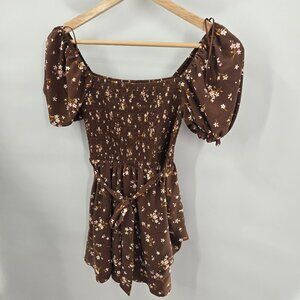 Miami by Franchesca's Brown Floral Lorena Smocked Romper Small